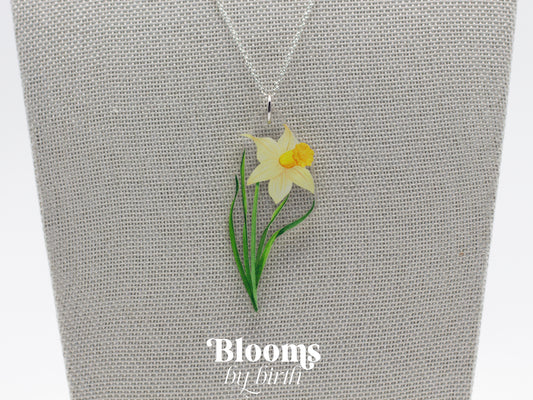 March Birth Flower Necklace - Daffodil Design on Acrylic with Sterling Silver Chain