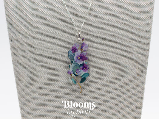 February Birth Flower Necklace - Violet Design on Acrylic with Sterling Silver Chain