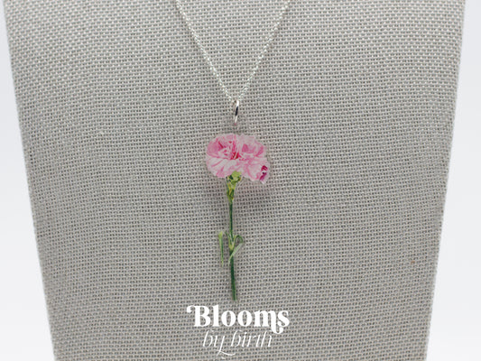 January Birth Flower Necklace - Carnation Design on Acrylic with Sterling Silver Chain